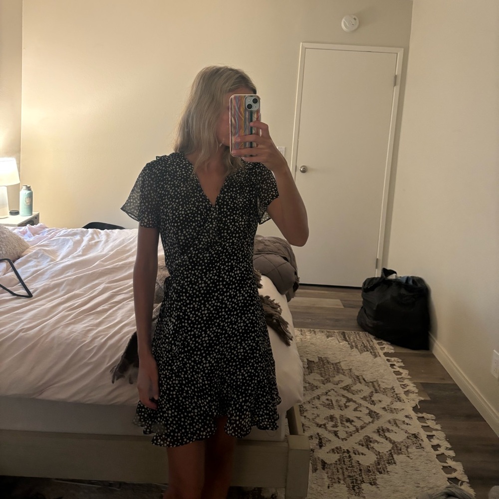 Black Floral Ruffle Wrap Dress